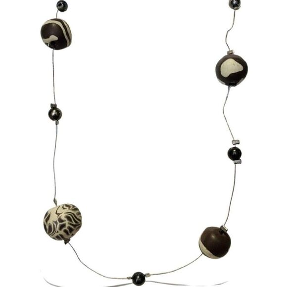 Vintage Black Beige Animal Print Beaded Silver Tone Strand Station Necklace 42” - Picture 4 of 7